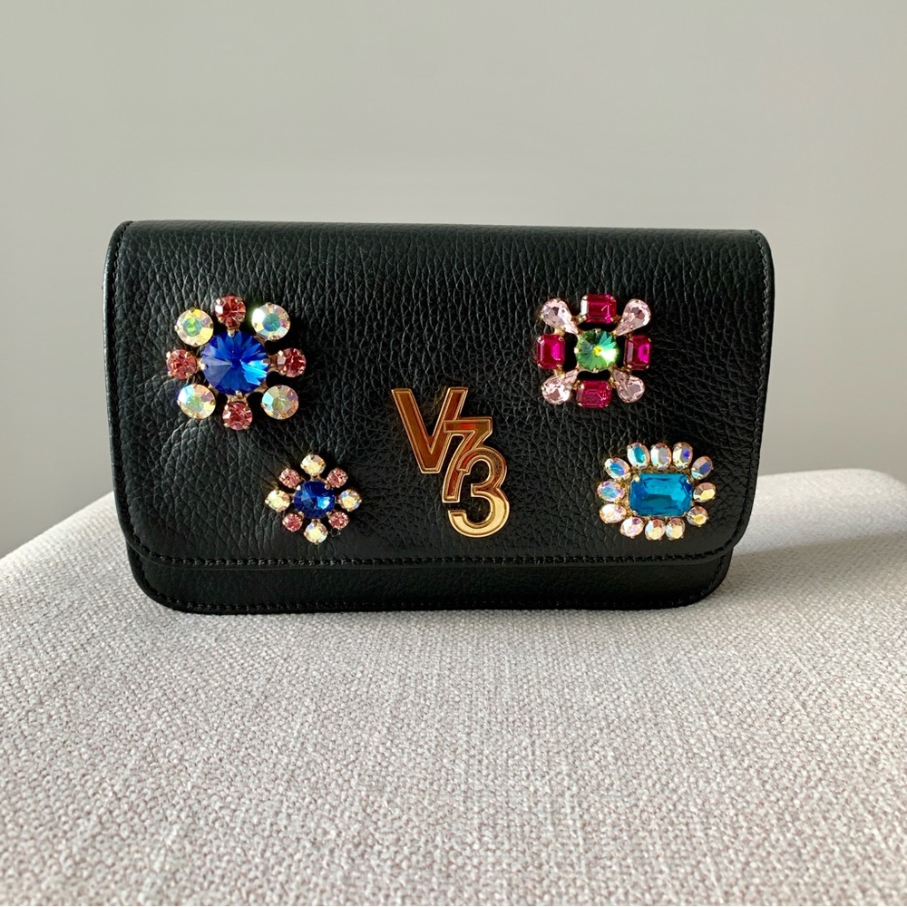 Black Embellished Leather Clutch With Chain. Made in Italy